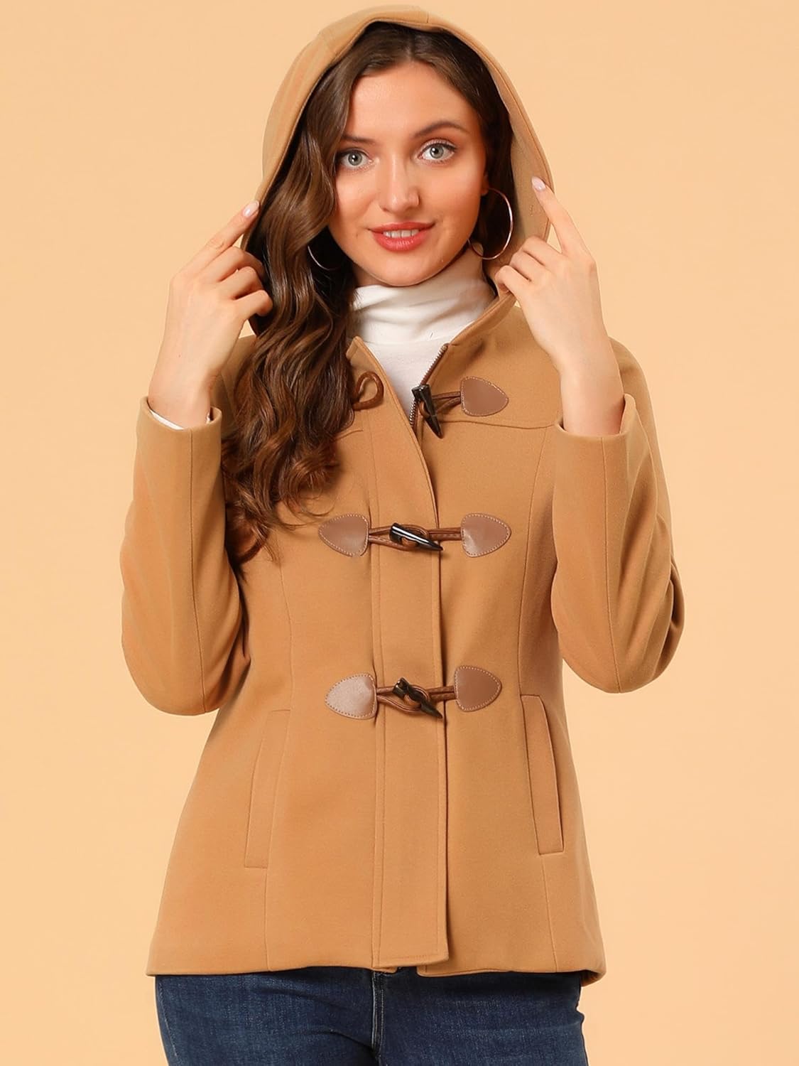 Allegra K Women's Casual Winter Outwear Hooded Button Peacoat Toggle Duffle Coat - Image 3