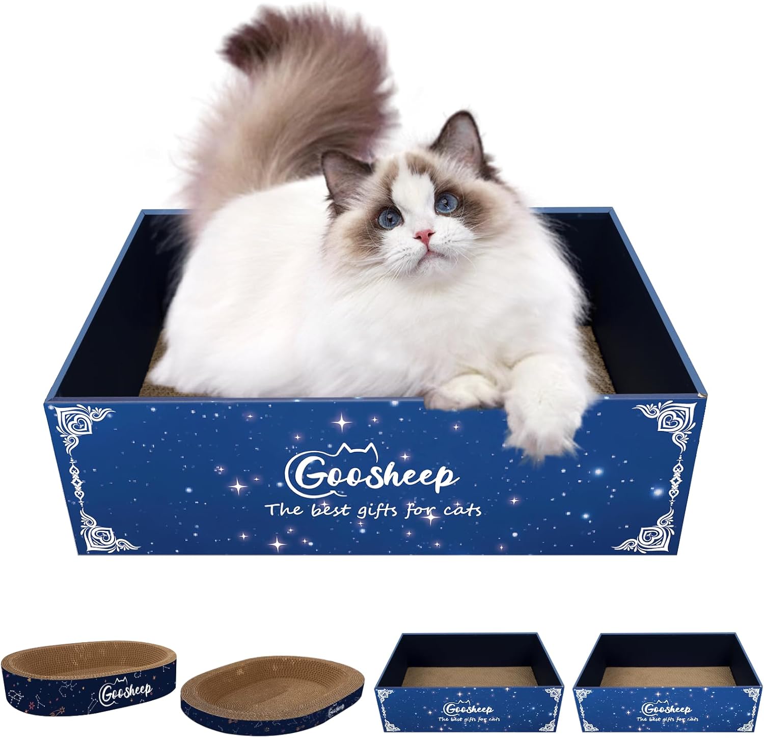 4-in-1 Cat Scratcher and Bed, 2 Scratching Pads & 2 Oval Loungers for Indoor Cats, Multi-Cat Household Cardboard Scratcher Furniture with Cat Bed Design to Save Your Couch