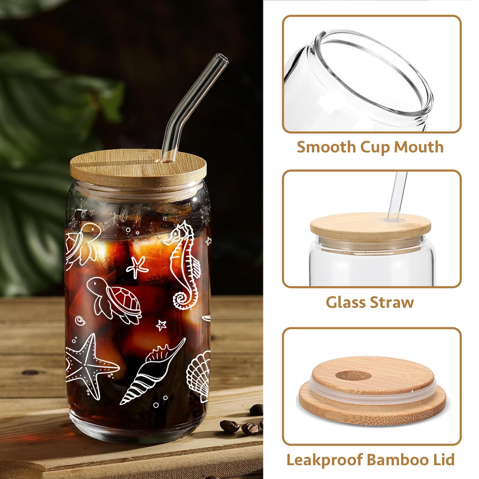 Mikopei Beach Gifts for Women - Ocean Animals Glass Cup with Lid and Straw, Cleaning Brush, Beach Room Decor, Coastal Decor for Home, Beachy Decorations, Iced Coffee Cup Tumbler, 16 oz