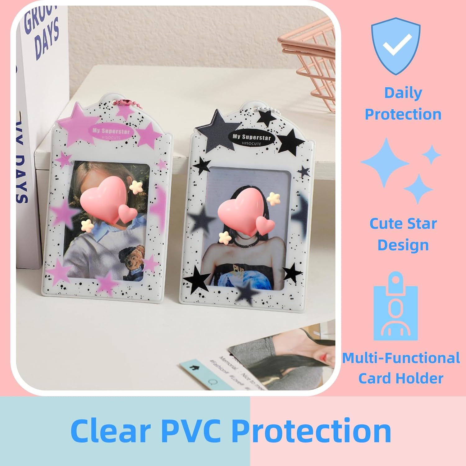 2Pcs Stars PVC Kpop Photocard Holder, 3 Inch Cute Clear Photo Card Case with Ball Chain, Photocard Holder with Keychain for Kpop Album Cards, ID Cards and Bank Cards, Card Cover Protective Case