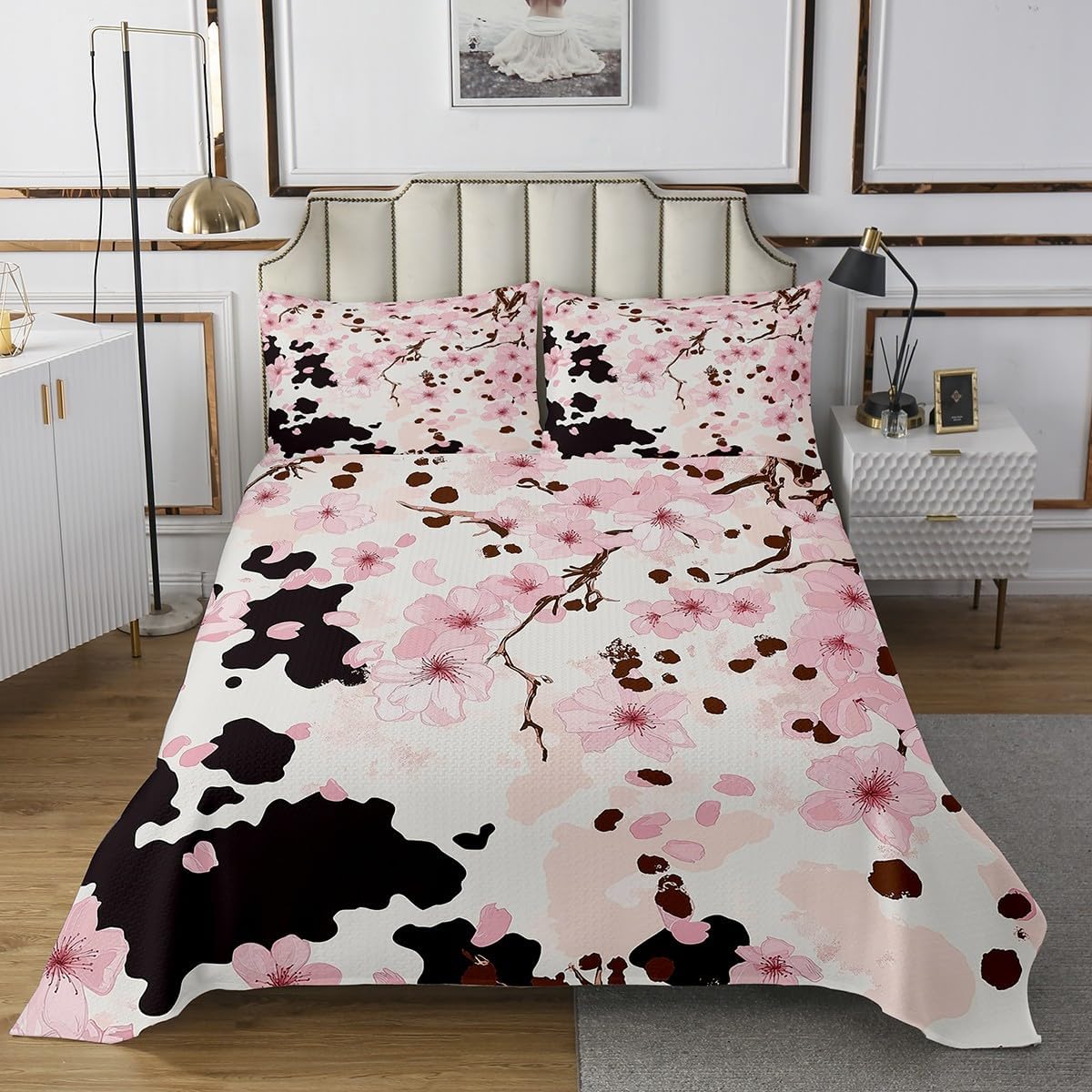 Erosebridal Cowhide Bedspread Set Pastel Pink Cherry Blossom Coverlet Set,Farm Animals Skin Brown Cow Print Quilt Set King Bull Cattle Wildlife Quilted,Rustic Flowers Western Decor for Home