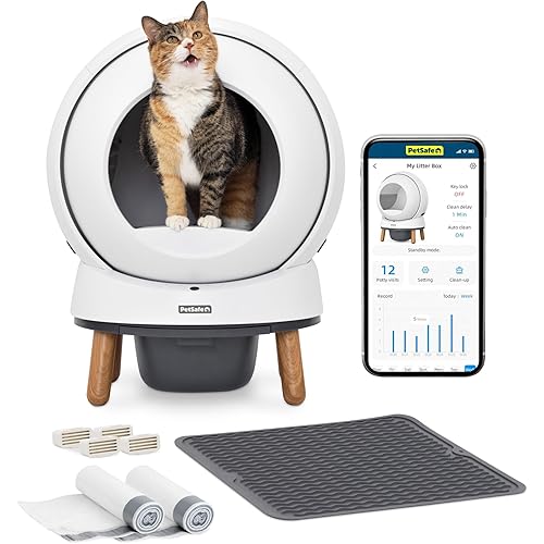 PetSafe ScoopFree SmartSpin Self-Cleaning Litter Box Bundle Advanced Odor Control App Controlled Up to 2 Weeks of Hands-Free Cleaning Includes Litter Mat, 50 Waste Bin Liners, 4 Deodorizers