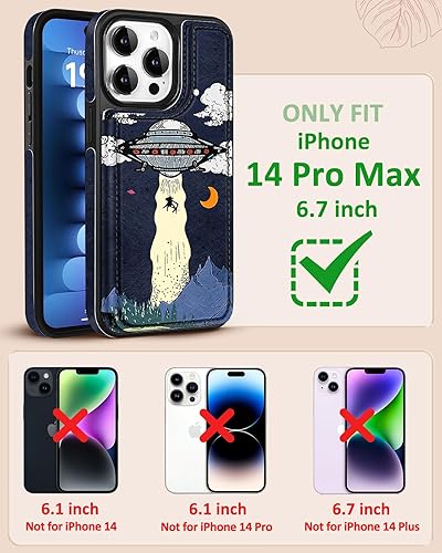 Miniatura 2 de Shorogyt Funda tipo cartera para iPhone 14 Pro Max con tarjetero y soporte para tarjetas, diseño de ovnis alienígena con función atrás, cierre