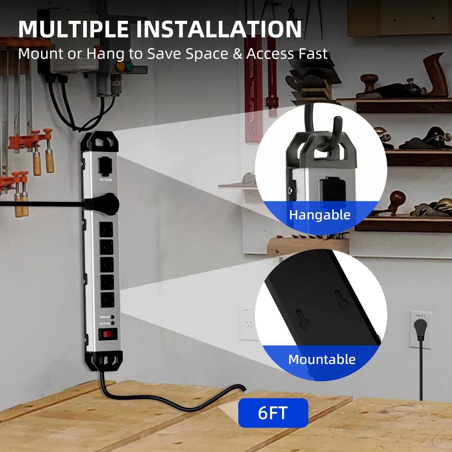 Heavy Duty Metal Power Strip Surge Protector 2100J, 6 Outlets & 2 USB, 15A Circuit Breaker, 6ft Power Cord, 360° Rotating Flat Plug, Wall Mountable for Garage Workshop Industrial, ETL Listed, Silver