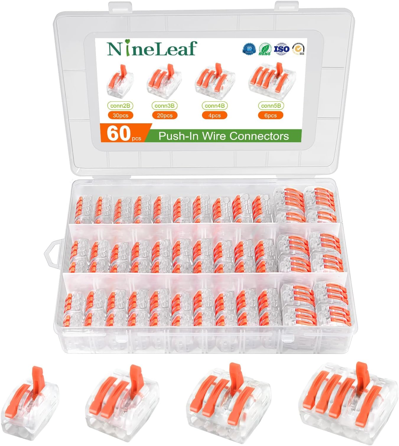 Nineleaf 60PCS Lever Wire Connectors Kit, 2/3/4/5 Conductor Combination Push-in Wire Nuts, Electrical Quick Connectors for Solid & Stranded Copper Wires, AWG 28-12 Reusable Wire Splicing Kit