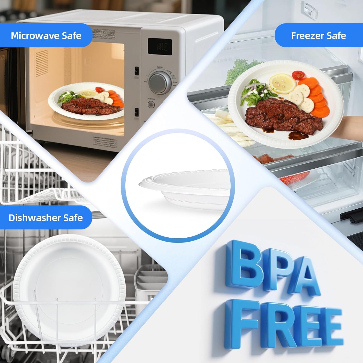 YANGRUI Plastic Plates Shrink Wrap 9" 150 Pack - BPA Free Mineral Filled PP | Dishwasher Freezer & Microwave Safe | Reusable & Disposable Heavy Duty | Commercial White Shatter Resistant Party Plate