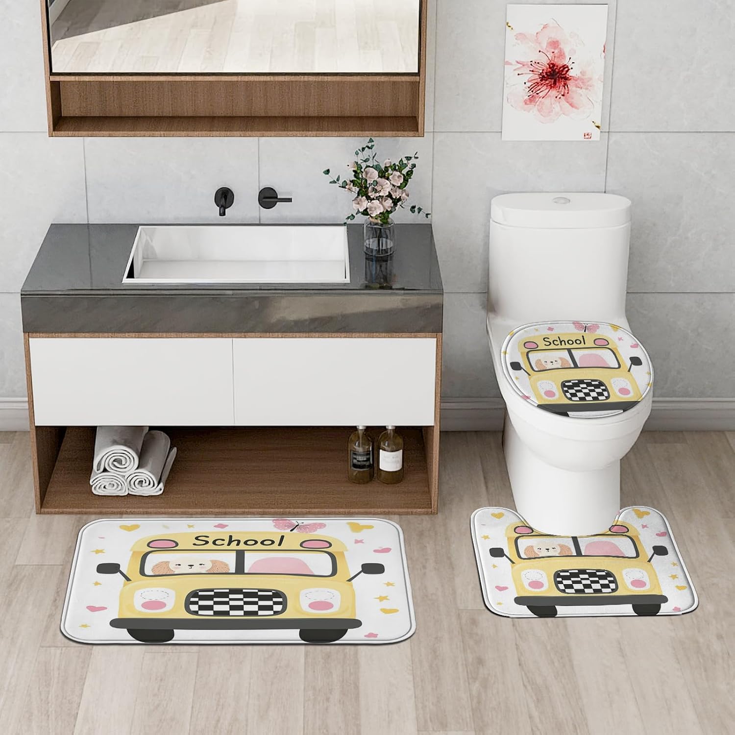 4PCS Cartoon Cockapoo Dog Bathroom Accessory Sets with Non-Slip Rug, U Shape and Toilet Lid Cover Mat, Kid School Bus Bathroom Fabric Decor-72''x72''