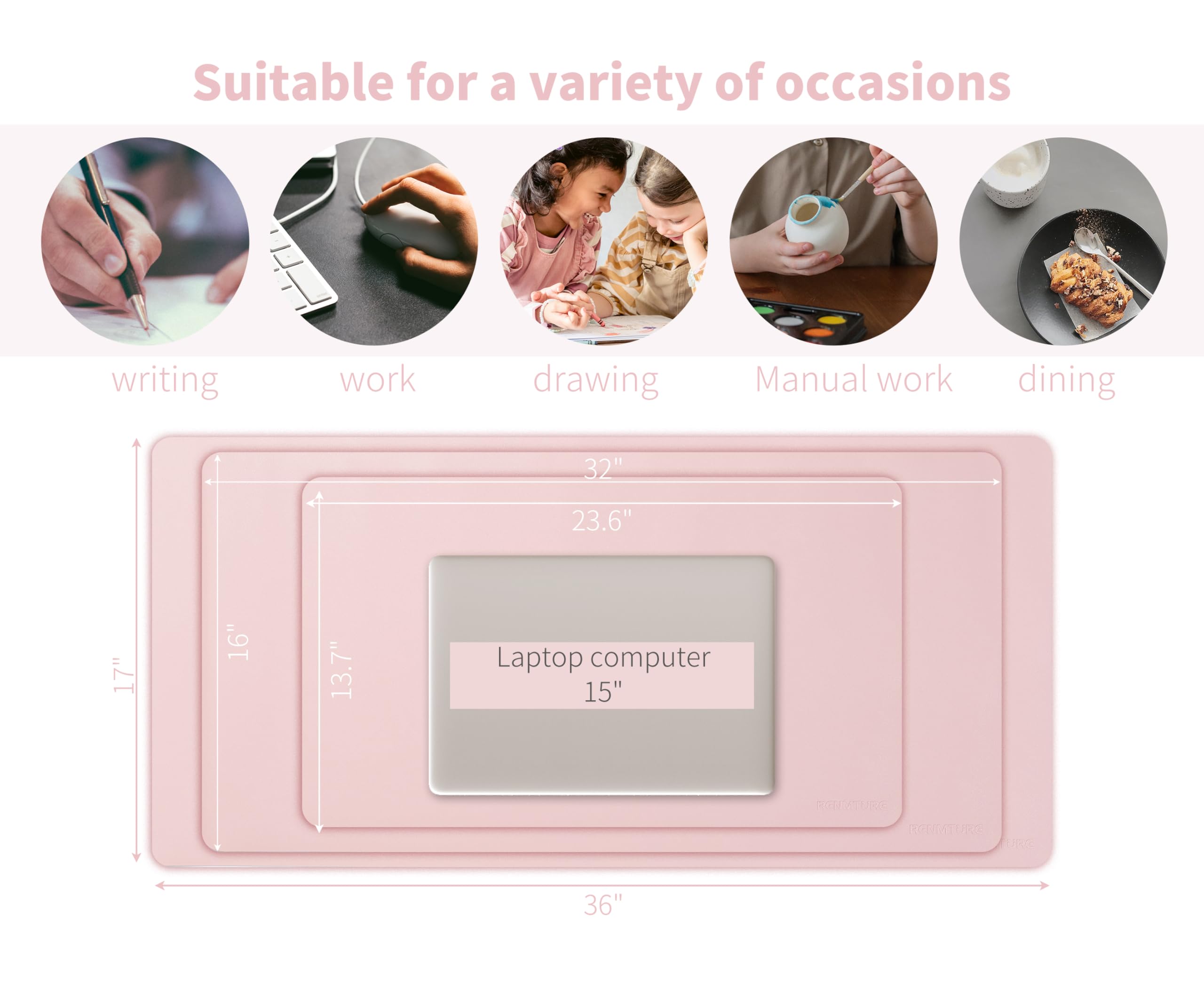 RENMTURE Tappetino per mouse, grande tappetino da scrivania in ecopelle, accessorio per casa, lavoro, ufficio, tappetino da gioco (91,4 x 43,2 cm, rosa chiaro)