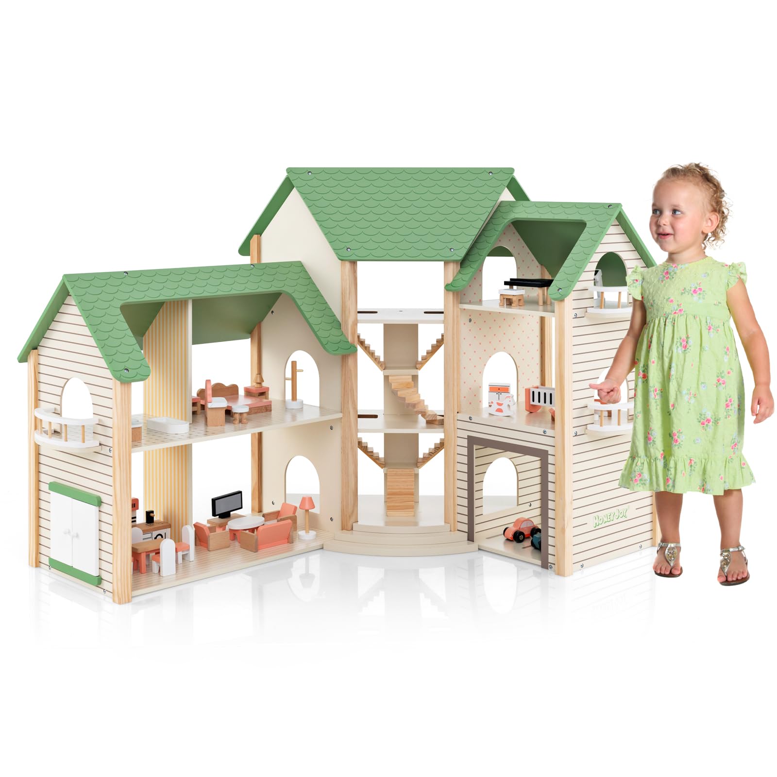 GOPLUS Puppenhaus aus Holz, Dollhouse mit 36-teiligem Zubehör, Traumhaus mit 6 Zimmern, eingebauten Treppen & Balkonen & Garage mit 2 Spielzeugautos für Mädchen ab 3 Jahren (Model 1)