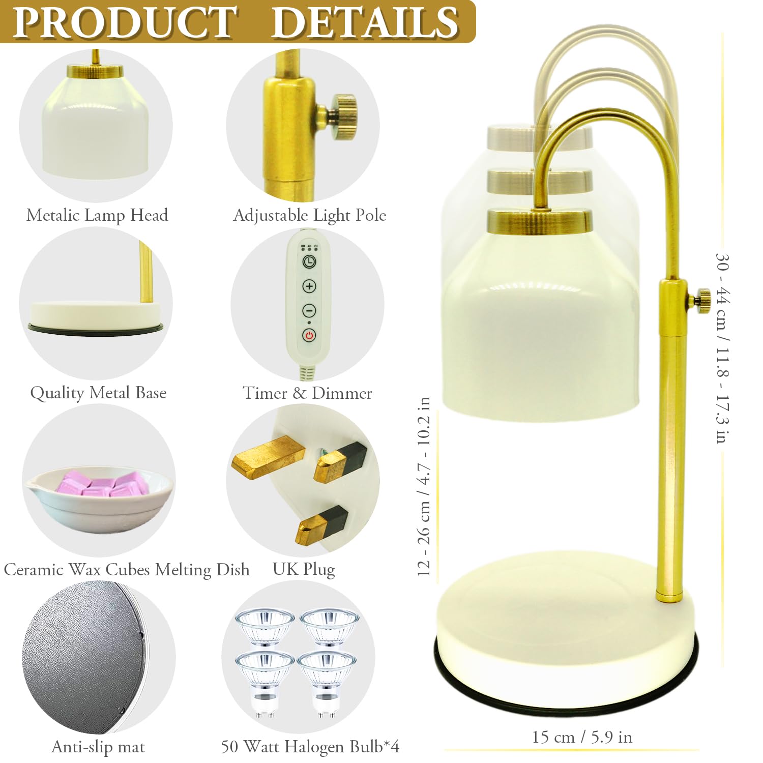 Adjustable Candle Warmer Lamp Uk With Timer & Dimmer, White Electric Wax Burner - Image 2