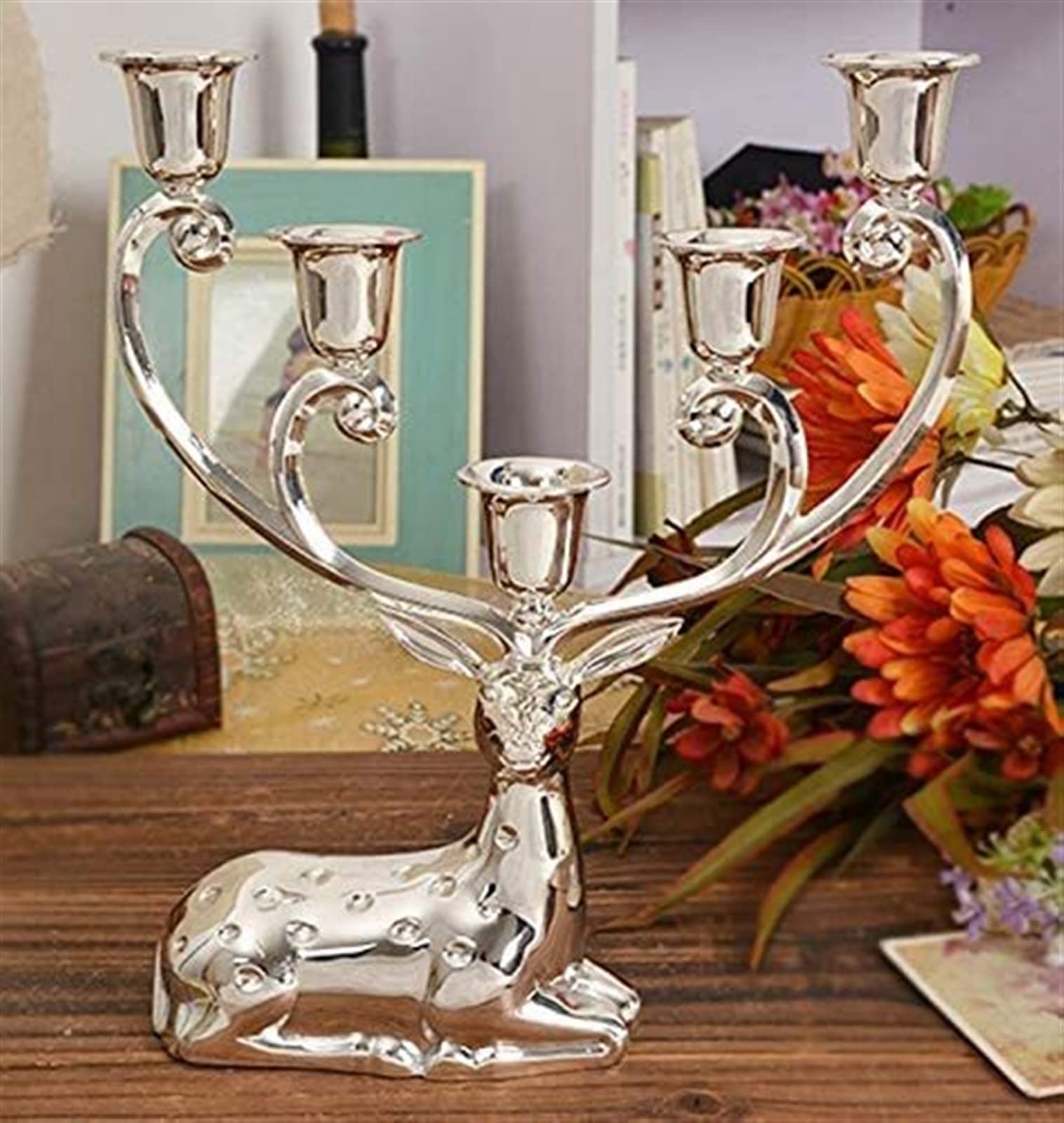 Portacandele a forma di renna in metallo con finitura argento lucido Candeliere decorativo a 5 bracci Candelabro in lega di zinco ，Portacandele