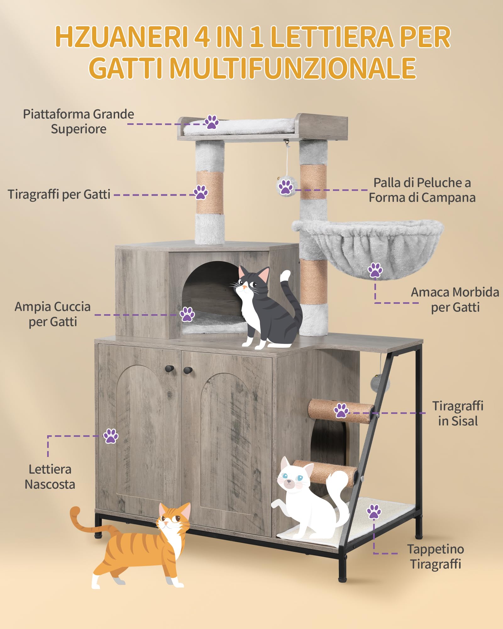 Hzuaneri Mobile Lettiera per Gatti, Cuccia per Gatti 4 in 1 Con Grande Piattaforma, Cuccia per Gatto Con Tappetino Antigraffio in Sisal, Pali, Scale E Pompon, Cuscini Lavabili, Grigio CB81005B