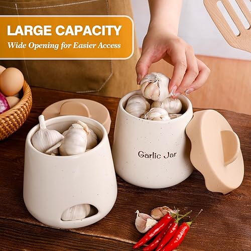 Miniatura 4 de BosilunLife Contenedor de almacenamiento de ajo  Contenedor de cerámica para ajo con tapa, contenedor de almacenamiento de ajo para mostrador de ajo