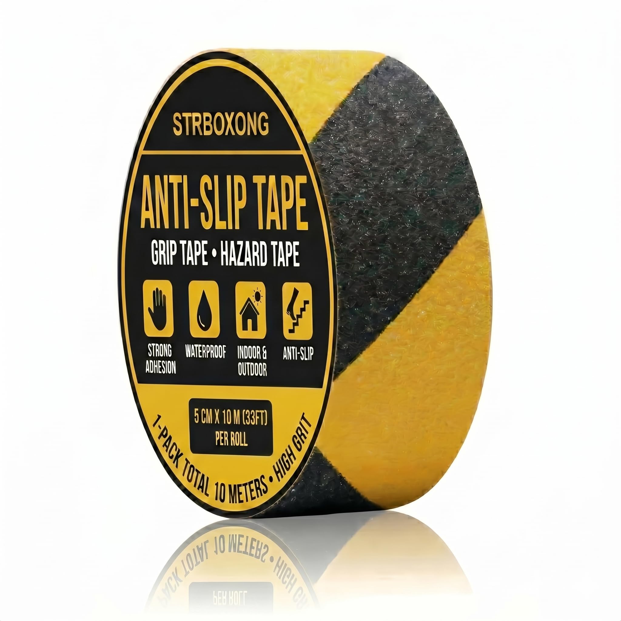 STRBOXONG 1 Roll Anti Slip Tape, 50mm x 10m Black and Yellow Hazard Tape, High Friction Grip Tape for Stairs, Heavy Duty Non Slip Tape for Outdoor Decking, Ramps & Steps, Waterproof Safety Warning