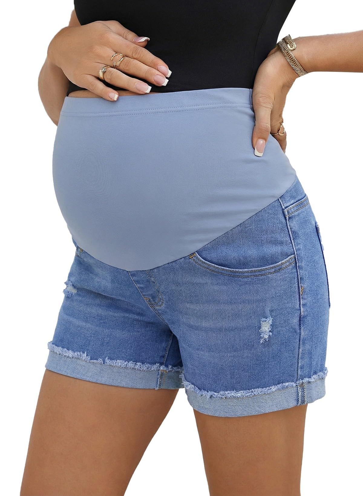 BLENCOT Womens Maternity Jean Shorts Stretchy Comfy Over Belly Ripped Casual Summer Pregnancy Clothes with Pockets