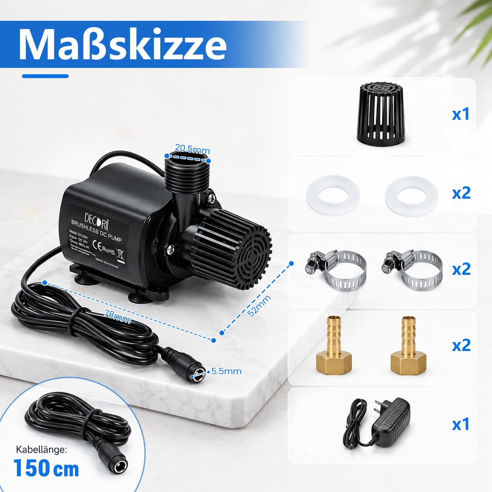 Pompa dell'acqua da 12 V, 800 l/h, 15 W, mini pompa sommergibile con cavo da 1,5 m e flusso regolabile a 5 livelli, altezza di erogazione 4,5 m, silenziosa in acciaio inox, per acquari, fontane