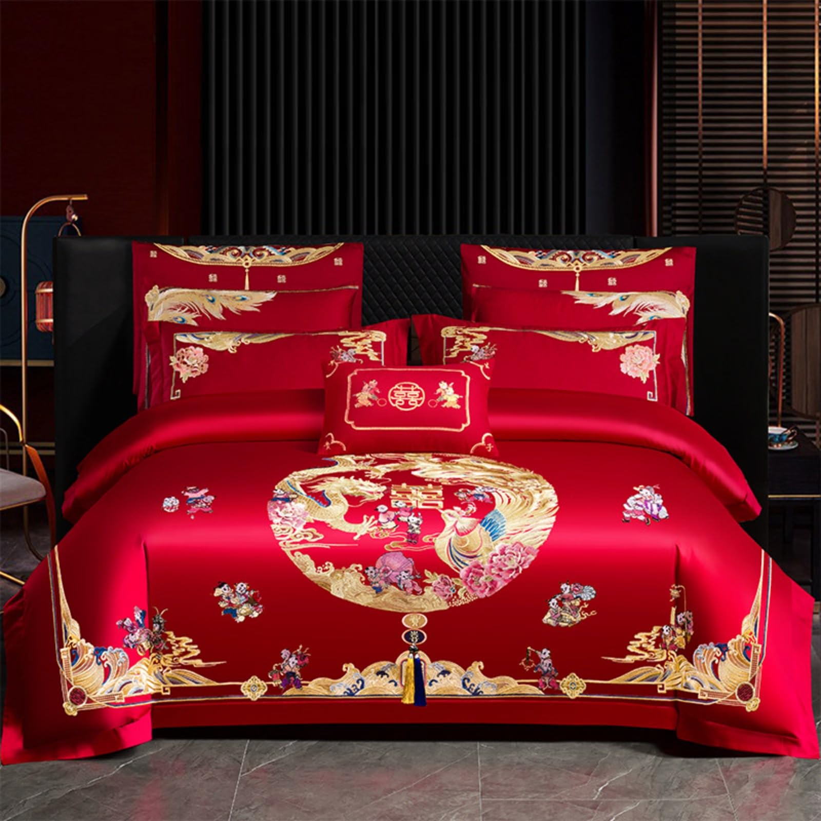 Juego de ropa de cama KIRYU King de satén de algodón de 4 piezas con diseño de dragón
