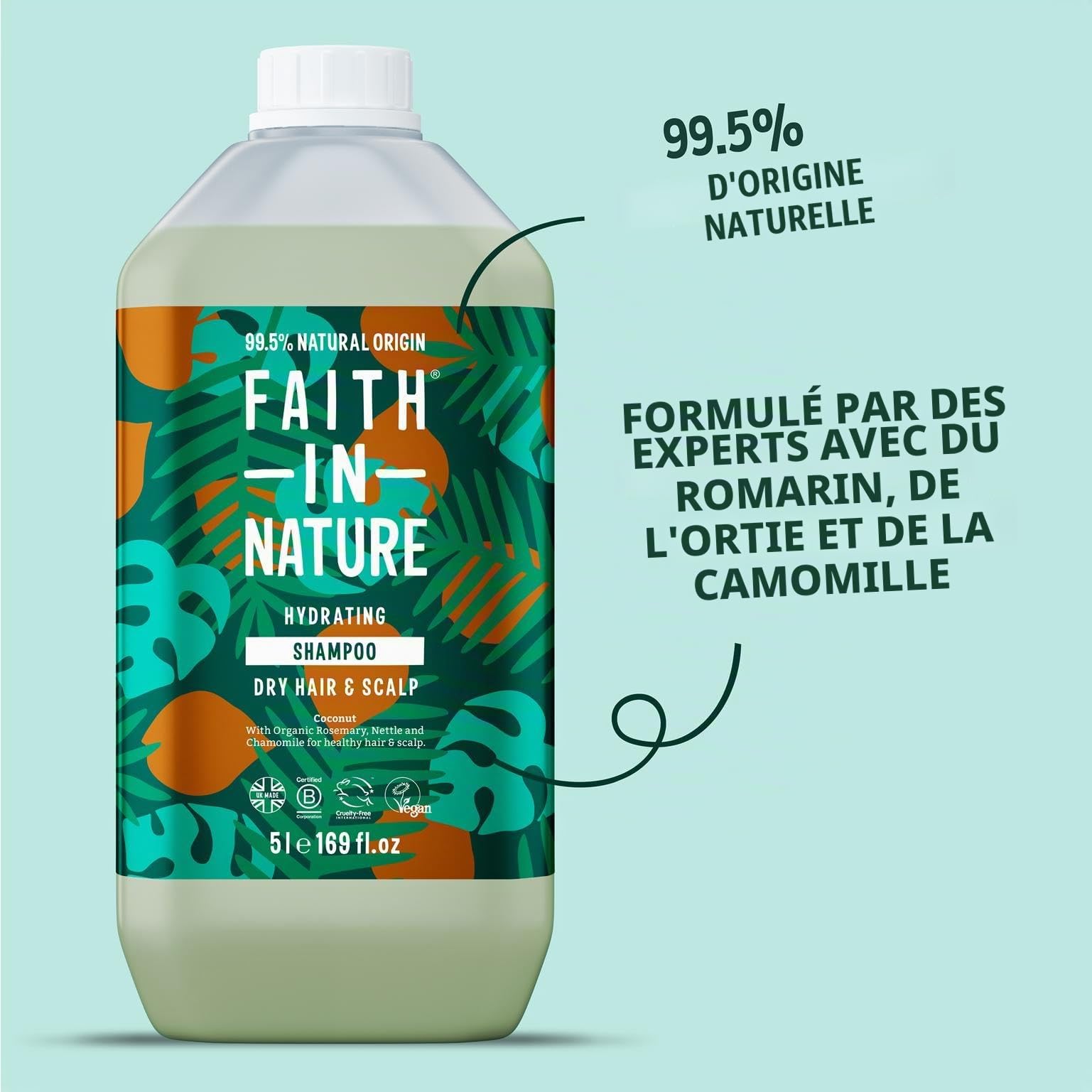 Faith in Nature Shampoing Naturel Huile de Coco, Hydratant, Végan et Respectueux des Animaux, Sans Parabènes et Sans SLS, Cheveux Normaux à Secs, Recharge 5L