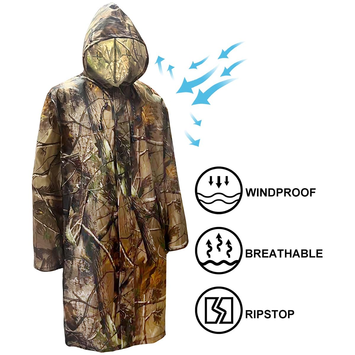 Poncho impermeabile con cappuccio, multiuso, mimetico, telo da terra per caccia, campeggio, escursionismo
