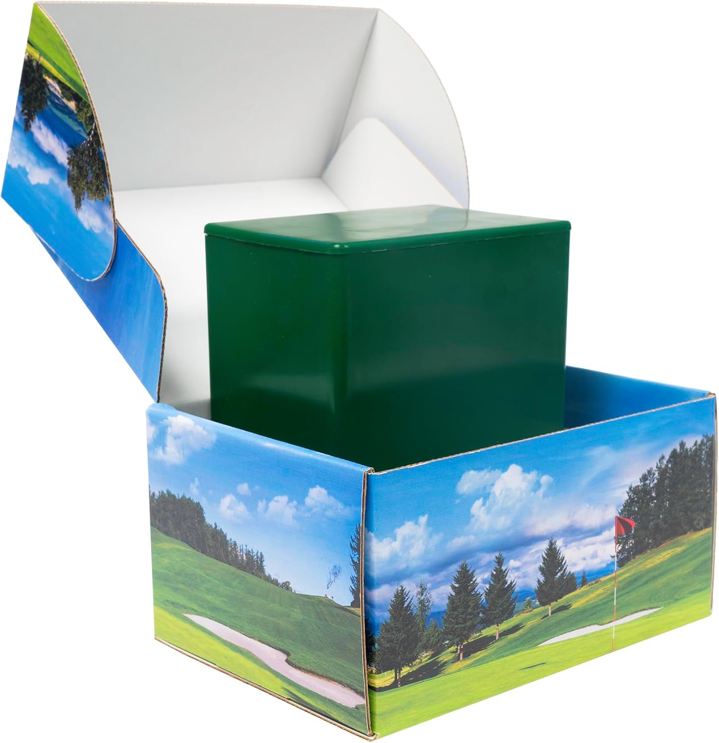 Golf Themed TSA Approved Fly-Safe and Temporary Travel Cremation Urn Kit for Human Ashes - Airline and Mail Friendly - 200 Cubic Inch Capacity - Green Plastic Urn with Fairwary Mailing Box