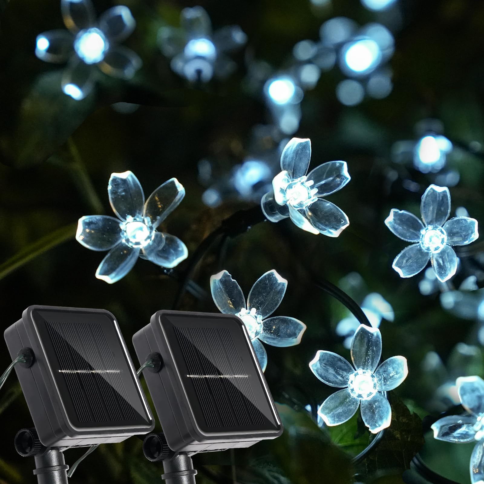 Vruxuri 2 Pack Total 52FT 120 LED Solar String Lights Outdoor Waterproof Flower Fairy Lights for Garden Fence Patio Yard Christmas Tree Lawn Wedding Party Decor, Pure White