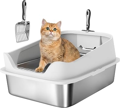 PawHut XL Cat Litter Tray Stainless Steel High Sided 60 x 40 x 30 cm Grey | Cat Litter Box, Metal Litter Scoop, Never Absorbs Odors, Anti Leakage, Easy to Clean