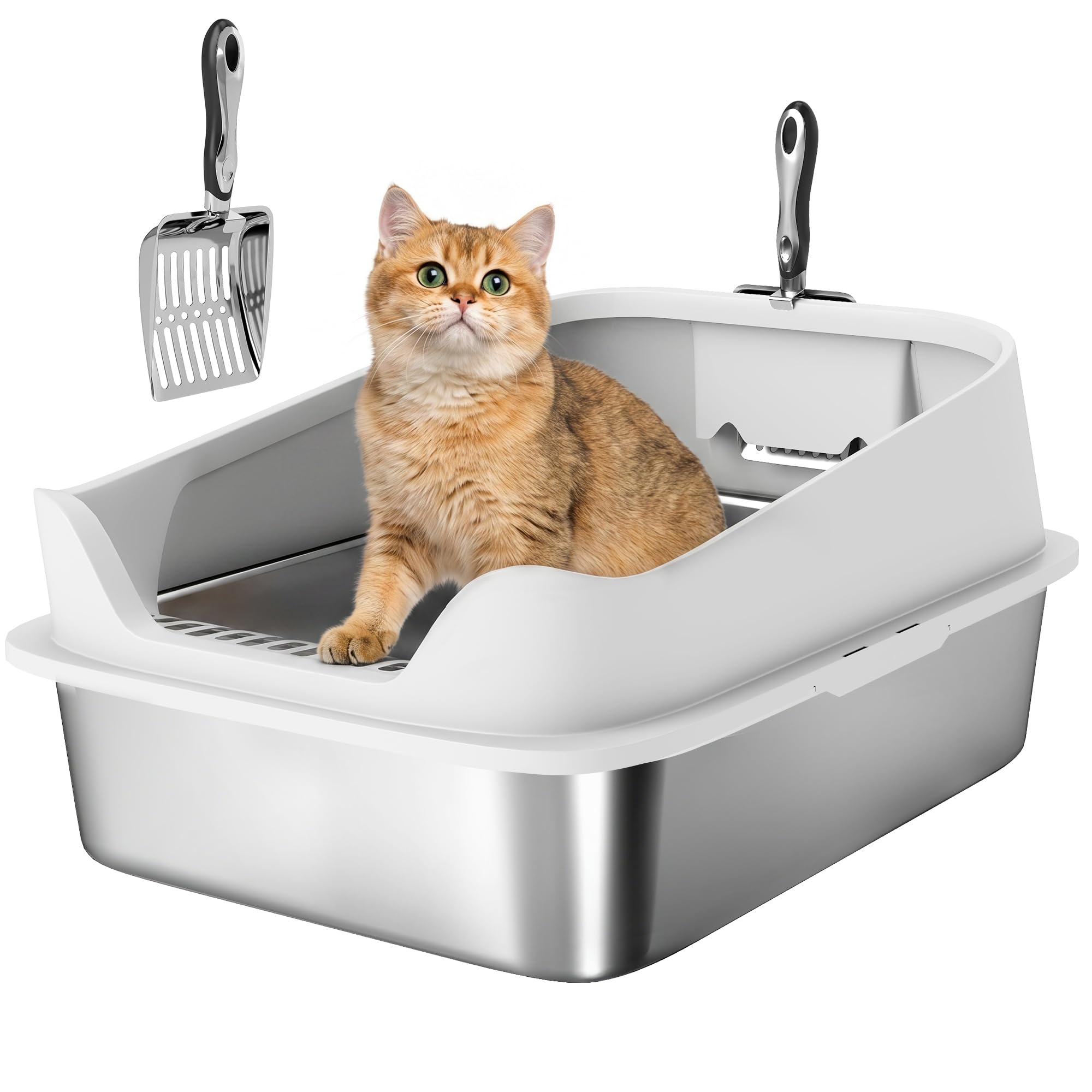 PawHut XL Cat Litter Tray Stainless Steel, Cat Litter Box High Sided with Metal Litter Scoop, Never Absorbs Odors, Anti Leakage & Easy to Clean, 60 x 40 x 30 cm, Grey