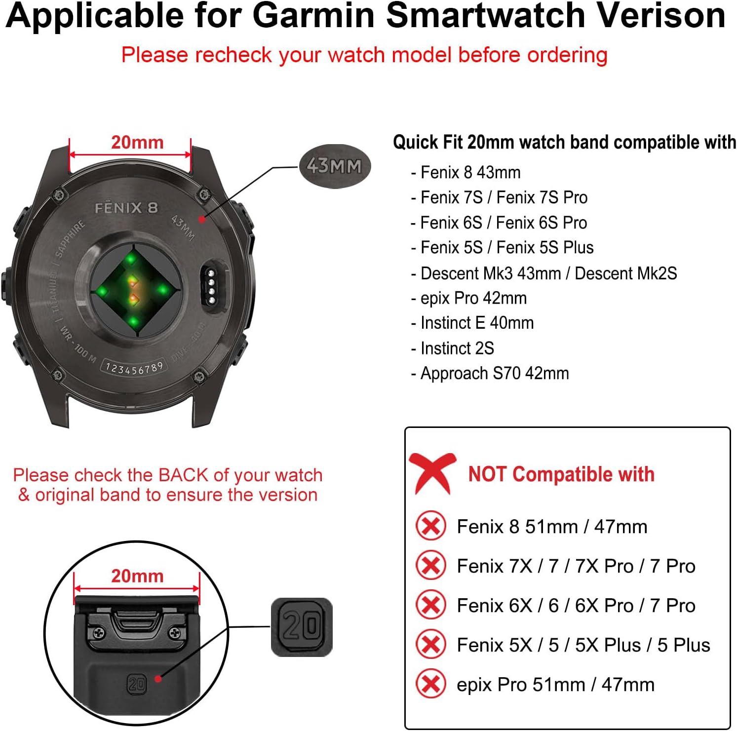 TRUMiRR Band for Garmin Fenix 8 43mm / 7S / 6S / 5S, 20mm Genuine Leather Watchband Quick Fit Strap for Epix Pro 42mm / Instinct 2S / Approach S70 42mm - Image 5