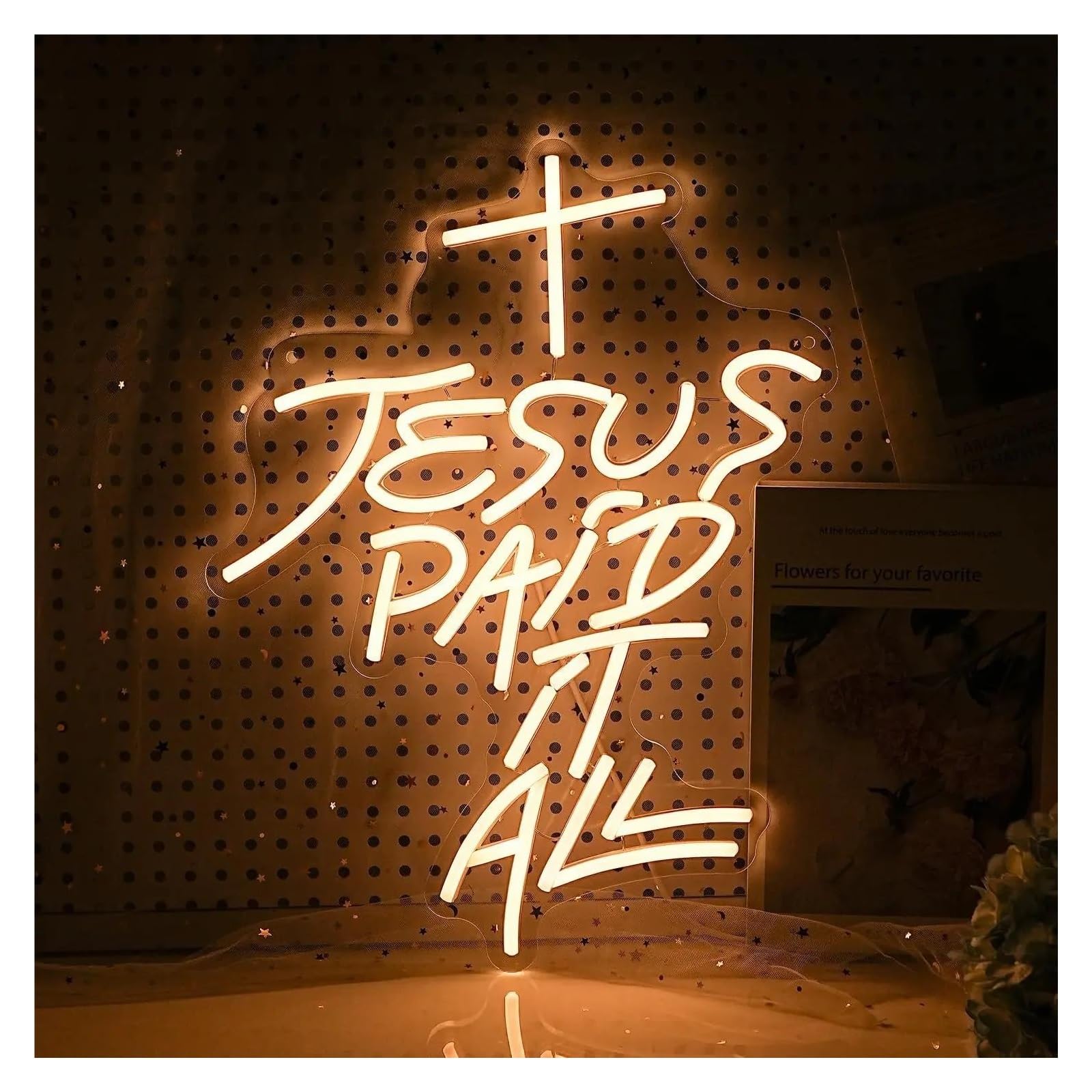 RONGCH Hanging Art Neon Signs Jesus Paid It All Neon Sign Cross LED Light Dimmable for Christian Church Home Wedding Party Birthday Wall Decor 43cmx33cm