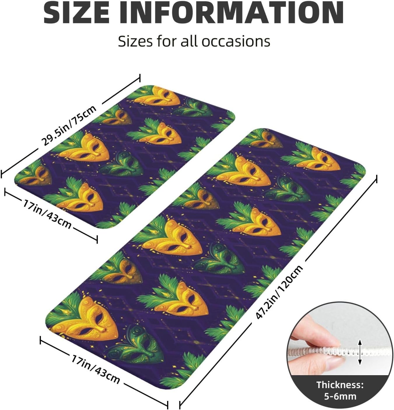 Golden Green Masquerade Print Kitchen Rugs Sets of 2 Non Slip Washable, Anti Fatigue Kitchen Mats for Floor, Home Decor