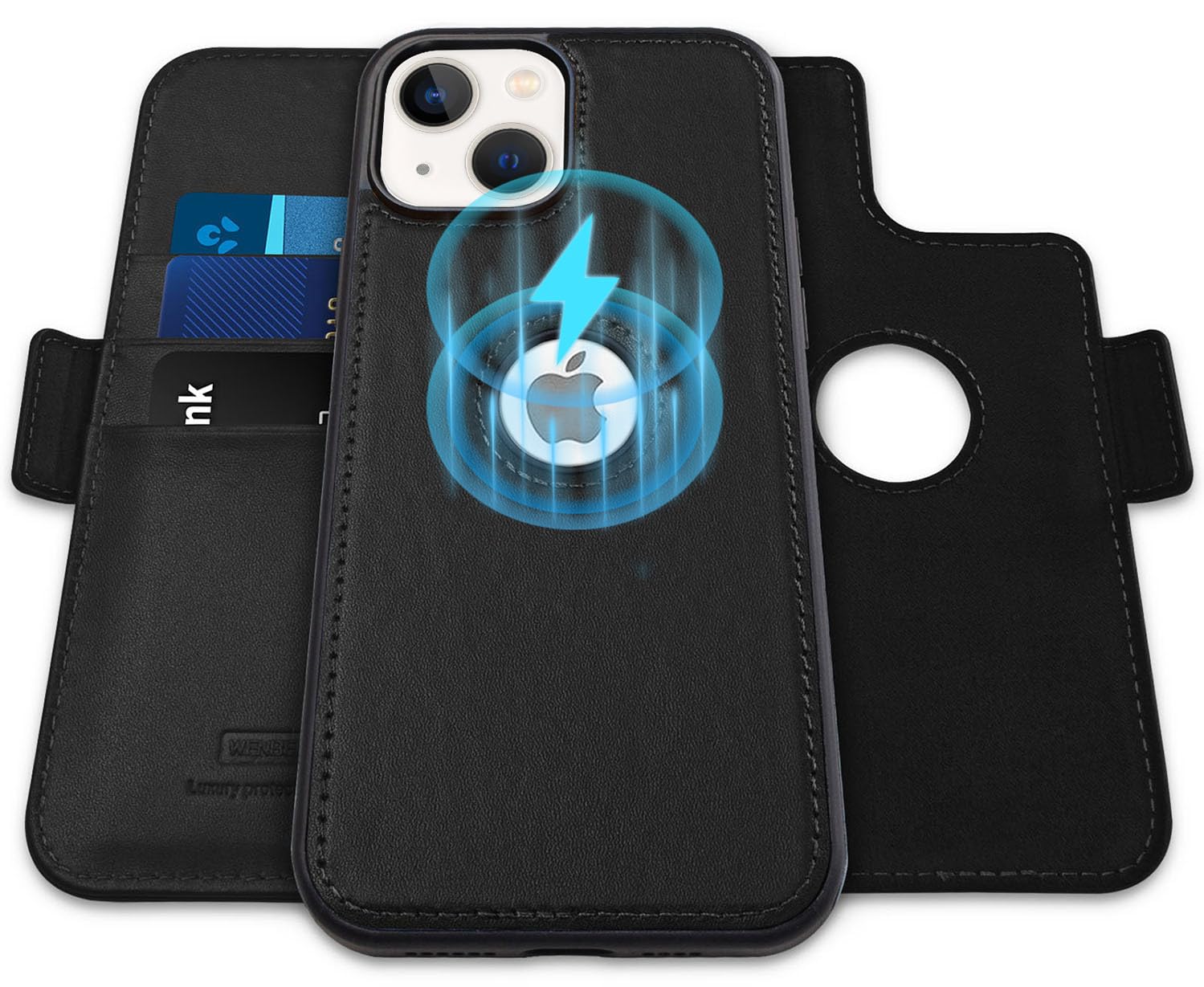 WenBellefor iPhone 15 (6.1 inch), 2-in-1 Magnetic Detachable,Shockproof,Genuine Leather Wallet Case,RFID Blocking Protection,Viewing Stand,Card Slots,Wireless Charging,Flip Cases (Black)