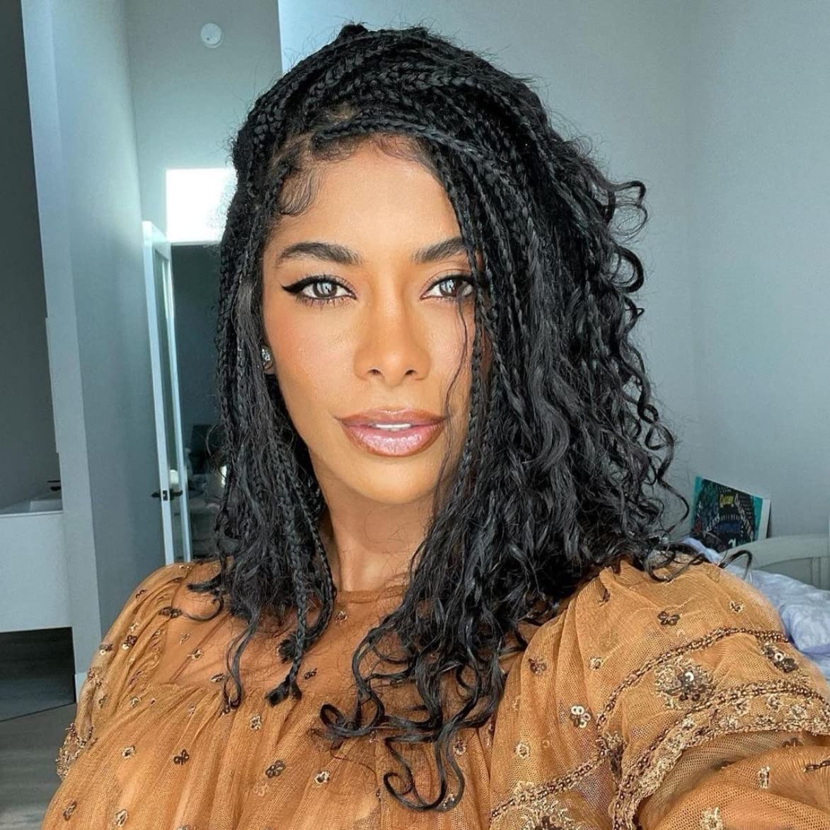 AFBeauty Black Braided Wig for Women Fully Handmade Black Curly Box Braided Wig Heat Resistant Fiber Synthetic Micro Braided Daily Braids 16 Inch