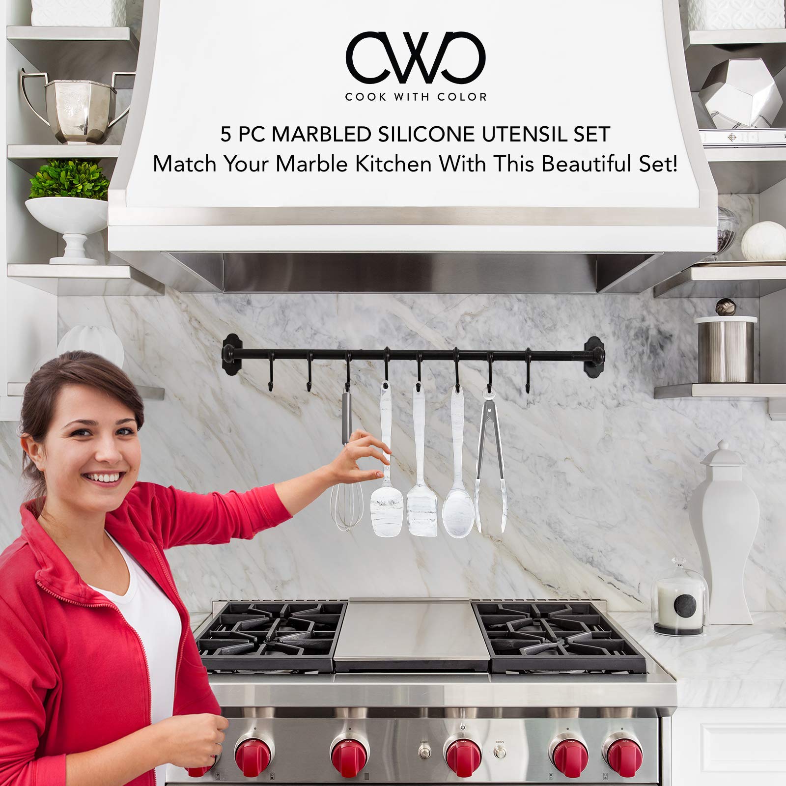 COOK WITH COLOR Silicone Cooking Utensils, 5 Pc MINI Kitchen Utensil Set, Easy to Clean Silicone Kitchen Utensils (Marble)