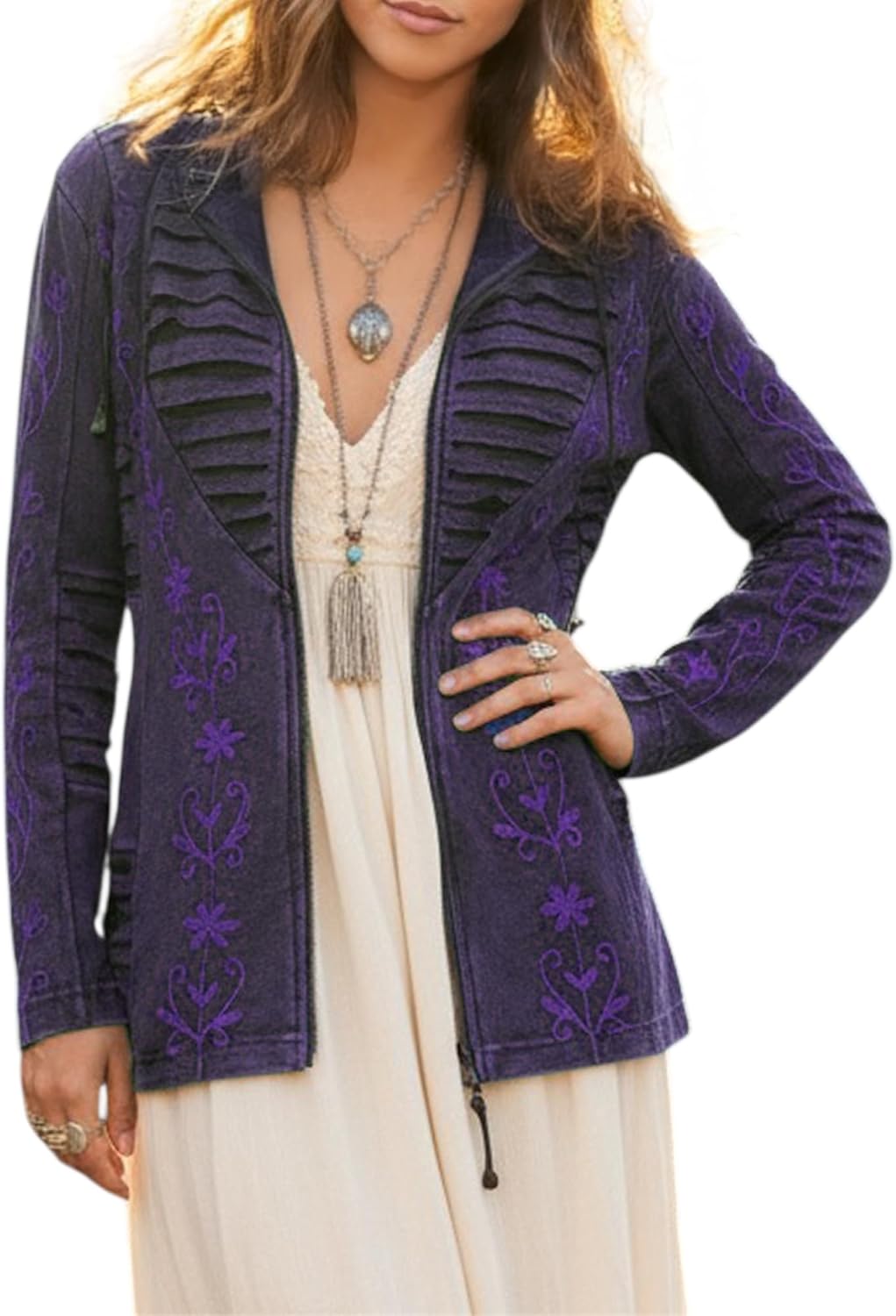 Agan Traders 2026 Zip Up Hoodies for Women - Bohemian Rib Knit Cotton Distressed Embroidered Sweatshirt Jackets for Women - Image 4