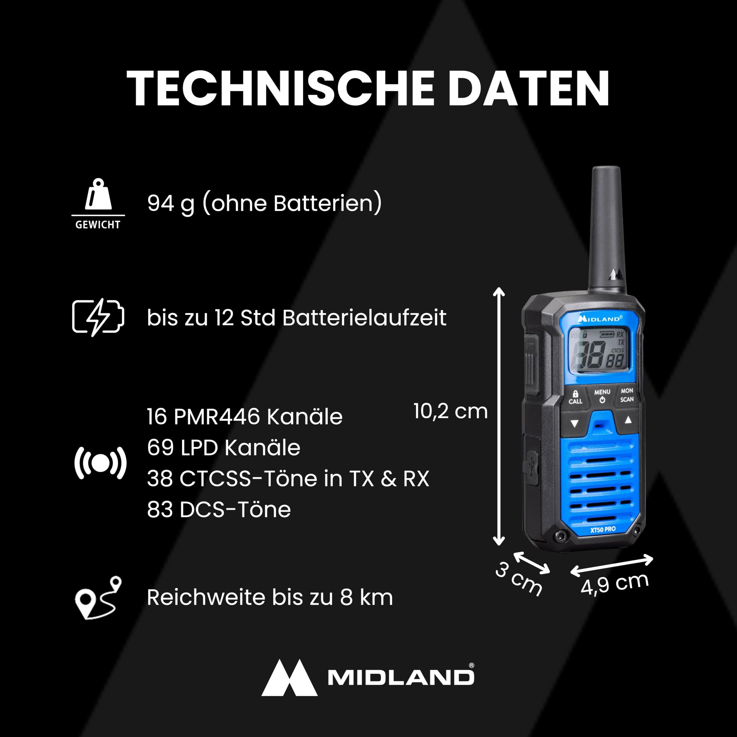 Midland XT50 PRO Doble, Walkie Talkie Profesional de Carga Rápida, 85 Canales PMR446 y Canal RRM, 38 Tonos CTCSS, Resistente al Agua IPX2, Recargable con USB, Alcance de 8 km, Negro/Blanco, 2 Unidades