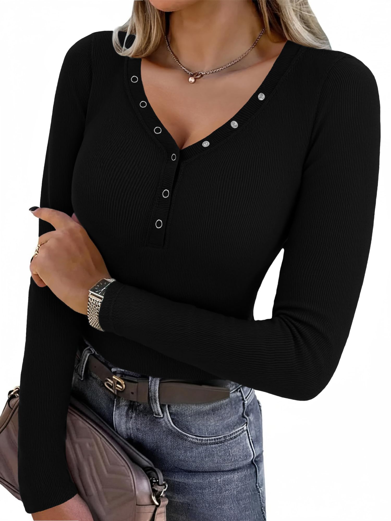 Aottori Langarmshirt Damen V-Ausschnitt mit Knöpfen Slim Fit Oberteile Gerippt Stretch Pullover Dünn Elegant Henley Shirt Langarm Basic Tops