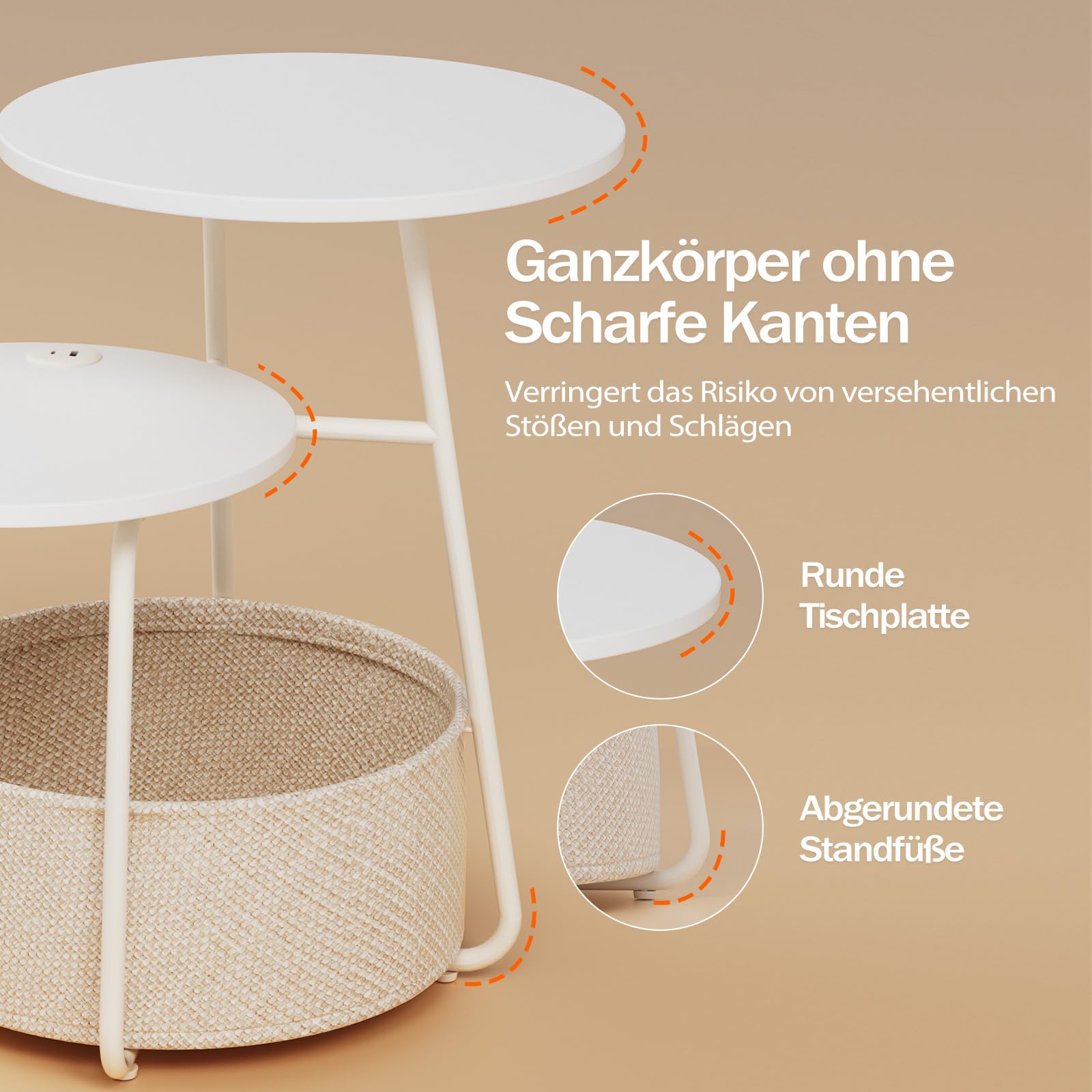 Rolanstar Beistelltisch Rund, Kleiner Tisch mit Ladestation, Runder Couchtisch mit großem Stoffkorb & 2 Ebenen, Moderner Nachttisch für Wohnzimmer & Schlafzimmer (Weiß)
