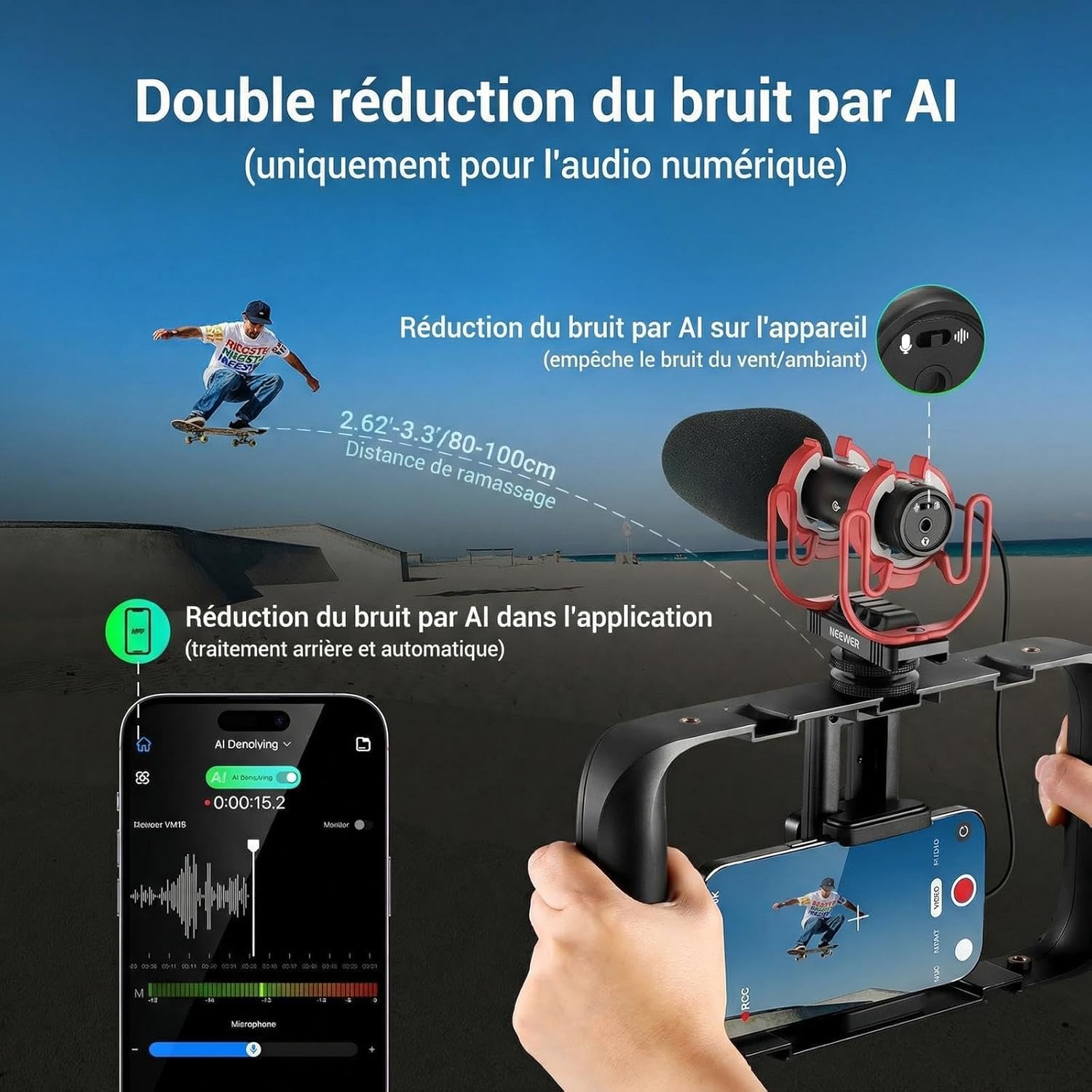 NEEWER VM15 Micro Supercardioïde Miniature avec Réduction de Bruit AI,App Audio& égaliseur,48kHz/24bit,Entrée Analogique 3,5mm/Numérique USB C,Compatible avec iPhone Android,EQ Uniquement pour Android