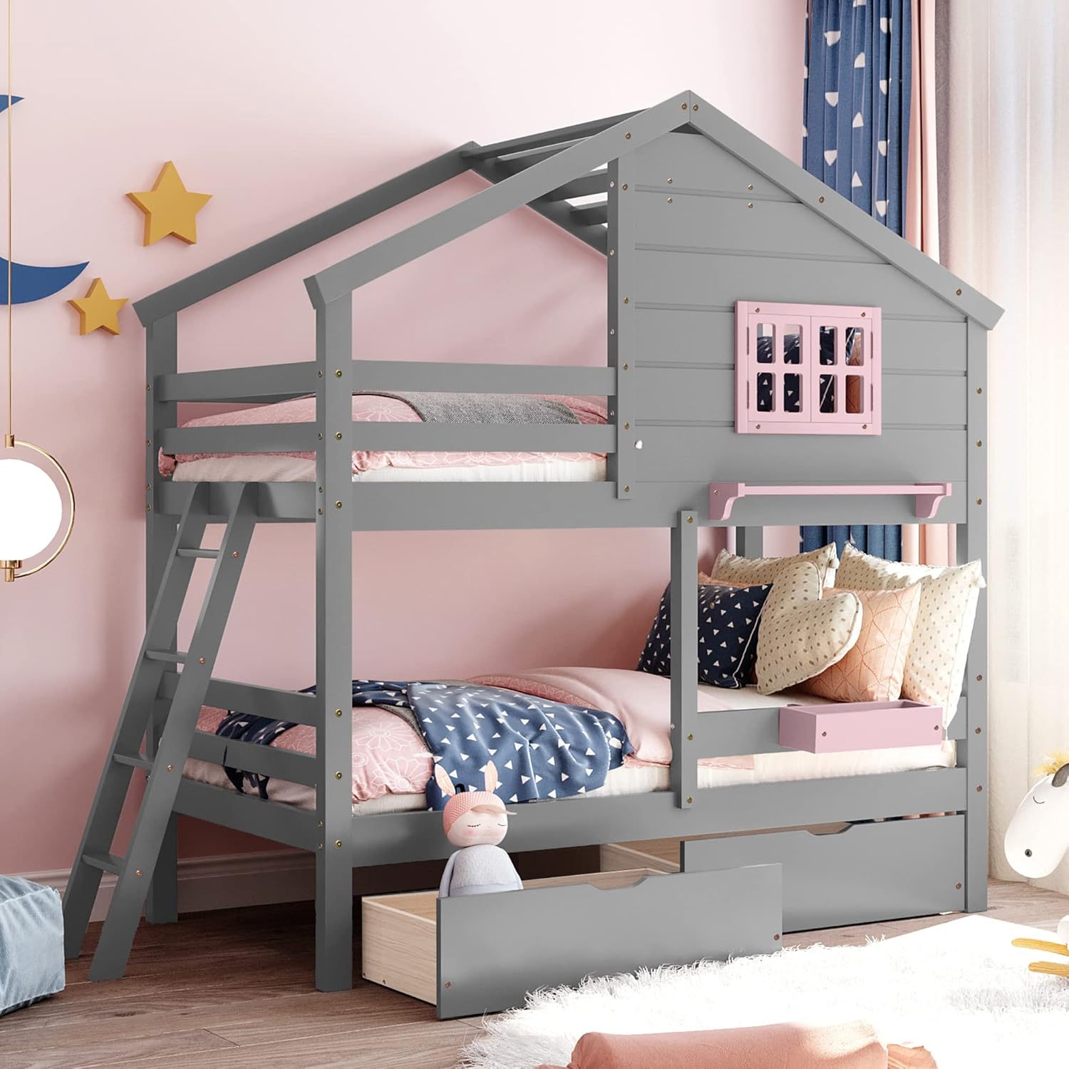 JIVOIT House Bunk Bed, Twin Over Twin Bunk Bed with 2