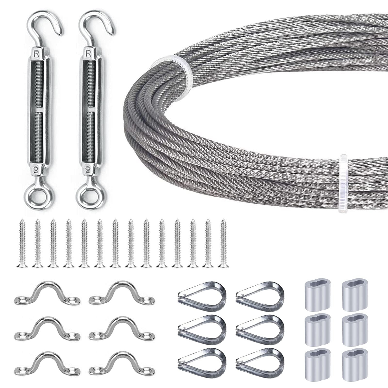 Stainless Steel Lights Kit, String Light Suspension Kit, Outdoor Light Guide Wire, Includ 110 FT 304 Stainless Steel Wire Rope Cable, Turnbuckle and Hooks
