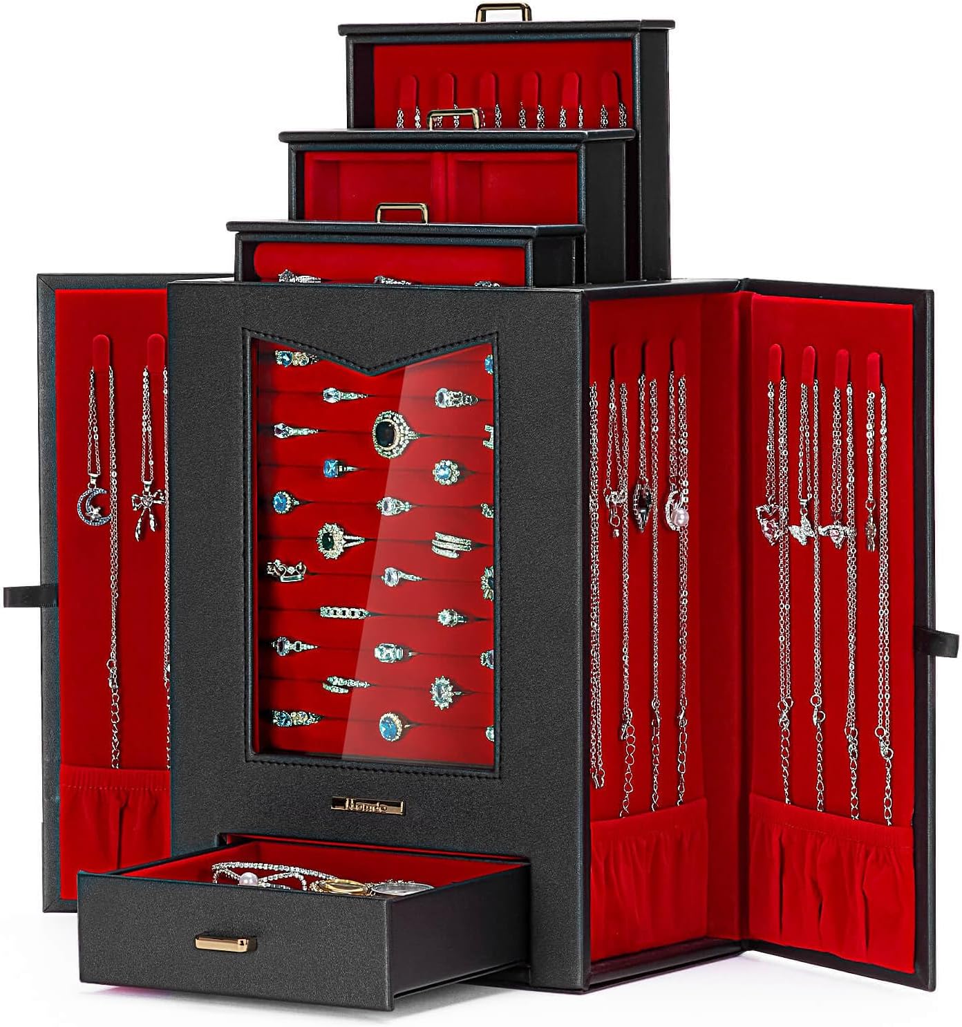 Homde Jewelry Organizer with Transparent Window Necklace Hooks Gift for Women Jewelry Box Display Case for Necklaces Rings Earrings Bracelets and Other Jewelry Accessories (Black + Red +Gold)