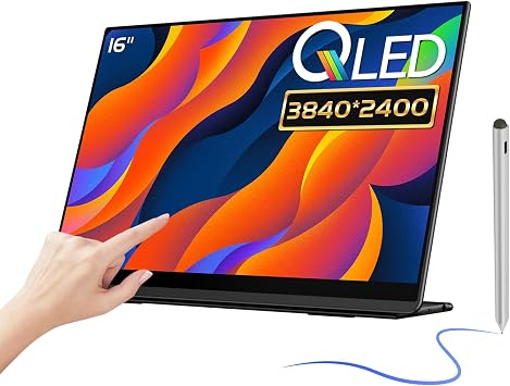 EHOMEWEI Q3 Pro Portable Touch Screen Monitor with Stylus, 4K 16" QLED 3840*2400, 600 Nit Brightness, 1610 Widescreen Eyecare 100% DCI-P3, Laptop/PC/Phone/Game Console Extender Screen Display