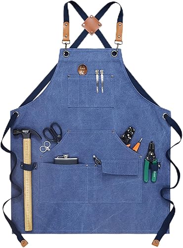 Delantal de herramientas de lona gruesa resistente, 6 bolsillos y 2 bucles, espalda cruzada ajustable para hombres y mujeres, 6 colores, ideal