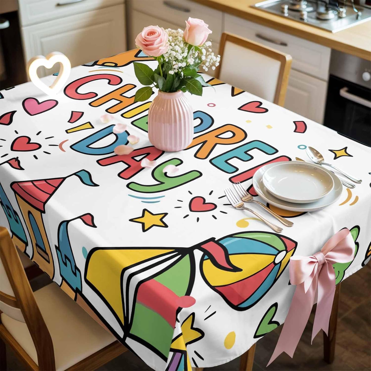 Happy Children's Day Waterproof Table Cloth Cartoon Sun Castle Boat Truck Leather Ball Waterproof & Wrinkle Table Cover, Washable Polyester Soft Fabric Table Cloth for Outdoor Indoor Parties