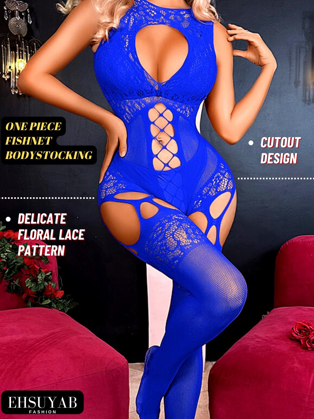 EHSUYAB Women Body Stockings Sexy, Exotic Dancer Fishnets Lingerie Glow Party, Fishnet Bodysuit Rave Outfits Club Plus Size: Blue