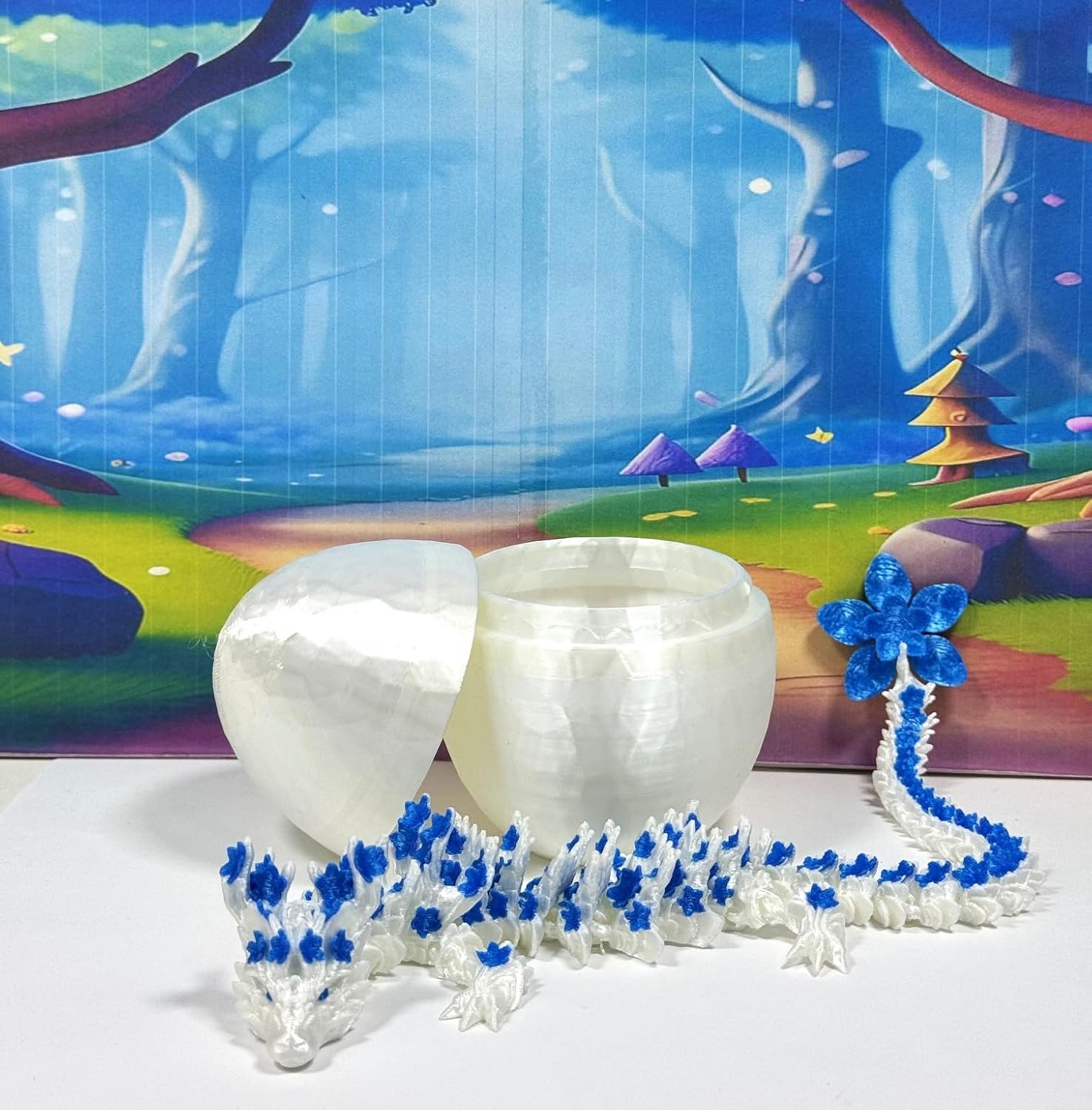 Articulated Dragon, 12" 3D Printed White and Blue Cherry Blossom Dragon, Fidget Toy Executive Desk Toy D017-WB-DR