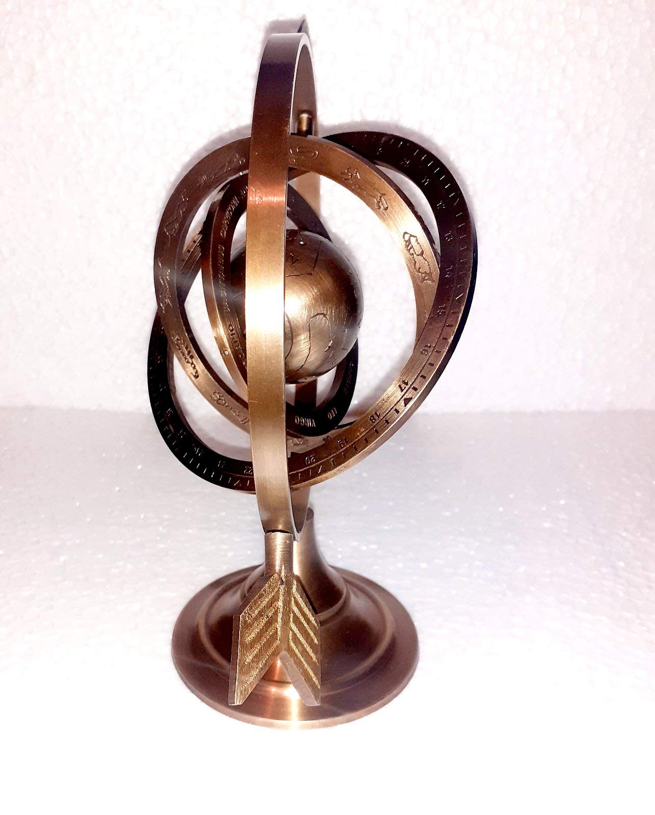 Esfera armilar de latón antiguo marrón antiguo de 8 pulgadas con flecha de reloj de sol, astrolabio marítimo náutico, grabado, astrológico, estrellas, globo, decoración del hogar,