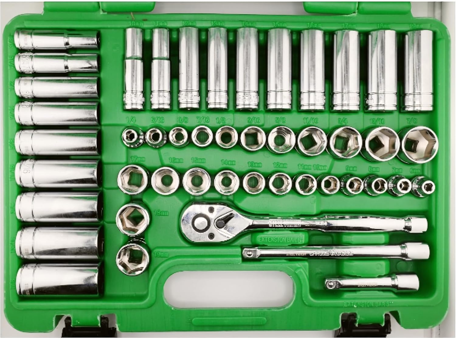 3/8 Dr. Impact Socket Set, Ratchet and Socket Set, 47pc SAE+Metric, Standard and Deep SAE Sizes 1/4 to 7/8, Made with CrV Steel