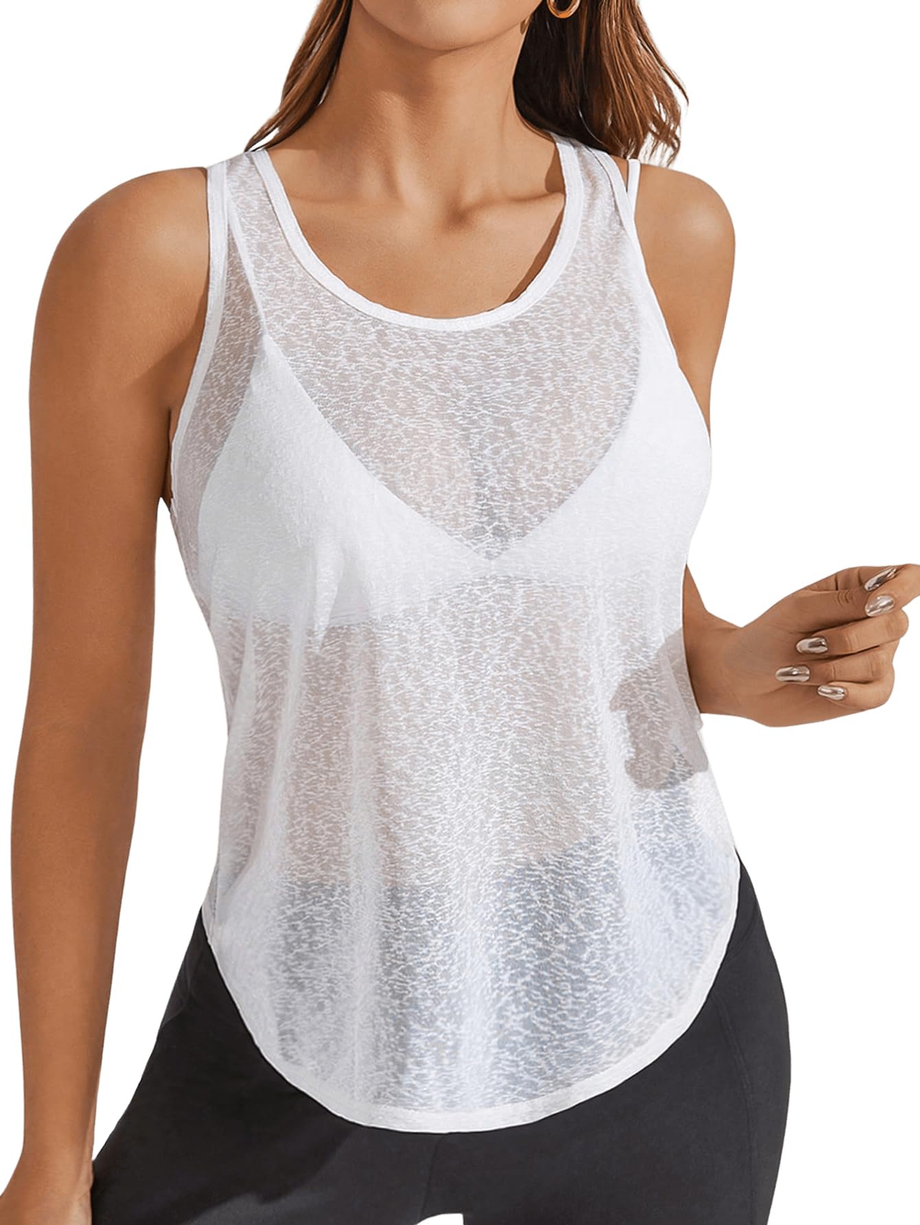 SweatyRocks Women's Scoop Neck Sleeveless Sheer Racerback Workout Tank Top Athletic Shirts