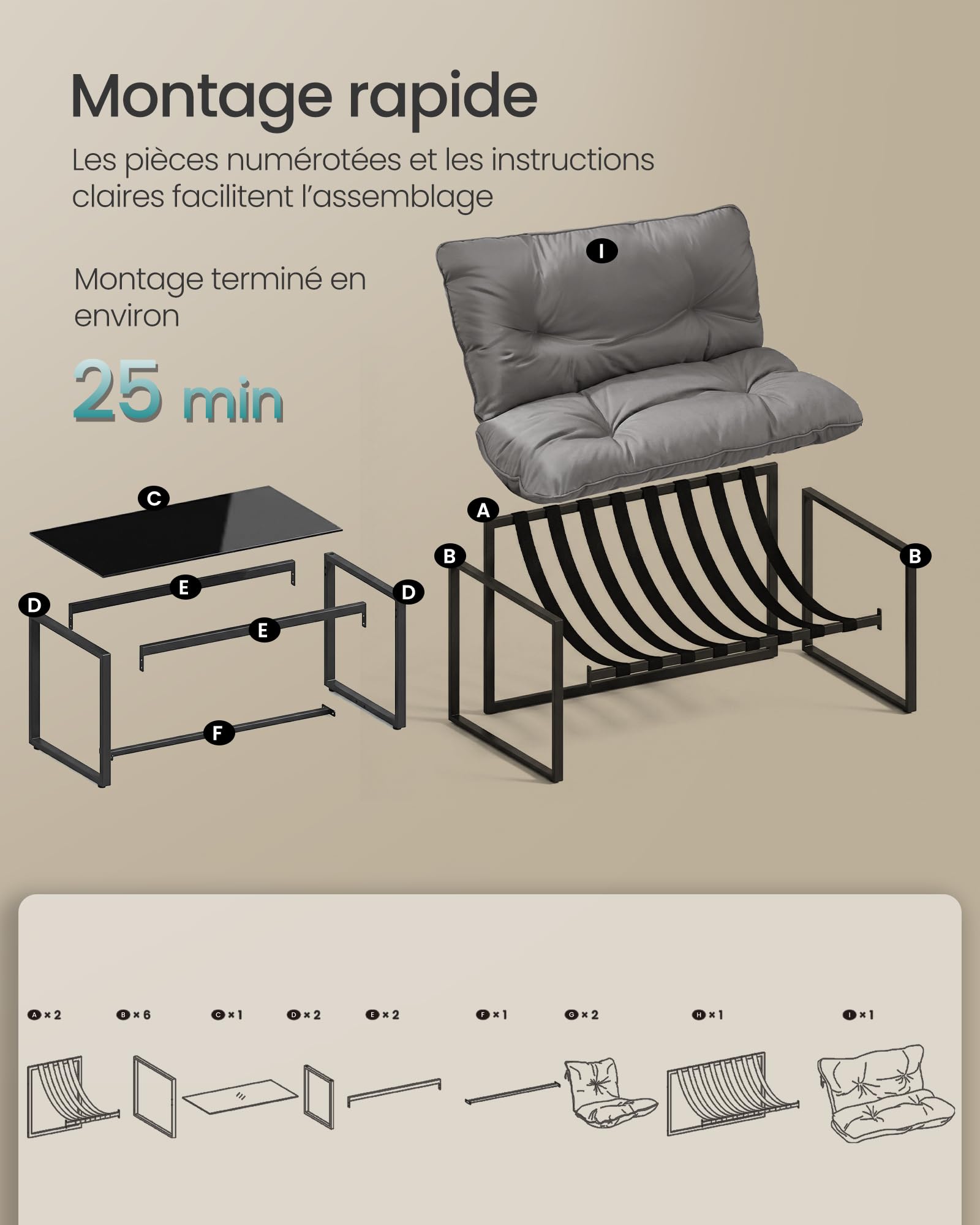SONGMICS Salon de Jardin Extérieur 4 Pièces, Meuble de Jardin, 2 Fauteuils, 1 Table, 1 Banquette, Acier, Coussins Rembourrés, pour Terrasse, Balcon, Gris GGF040GZ01